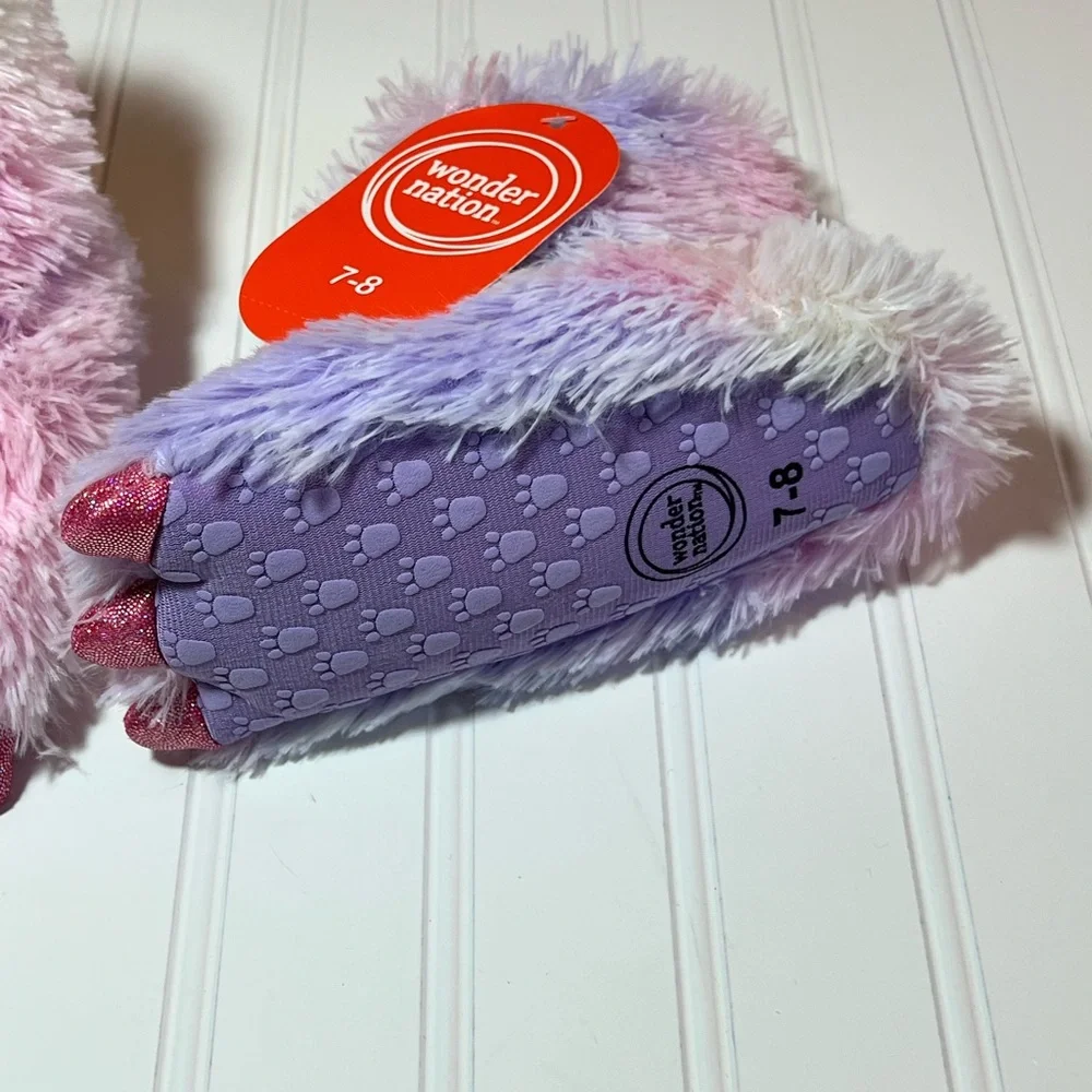 Wonder Nation 7-8 Fuzzy Purple and Pink Monster Slippers
